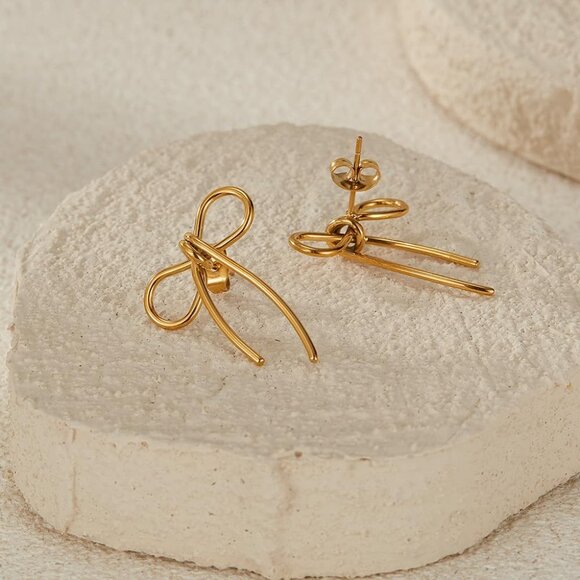 Women's 18K Gold-Plated Zircon Earrings Hoop Dangle Bow 1 Earring Golden Tops - Picture 5 of 7